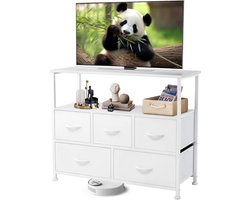 Stoffen ladekast met 5 lades en opbergrek, 100×30×80 cm, wit – Multifunctionele opbergkast/TV-meubel voor slaapkamer of woonkamer