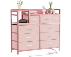Stoffen ladekast met 9 laden & houten blad – geïntegreerd oplaadstation – opbergmeubel – Roze – 99x30x86cm