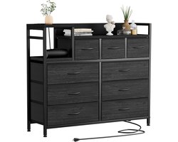 Stoffen ladekast met 9 laden & houten blad – geïntegreerd oplaadstation – opbergmeubel – Zwart – 99x30x86cm