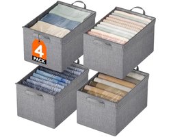 Stoffen Opbergdozen 4 Stuks, Stapelbare Opbergbakken met Doorzichtig Deksel, Opvouwbare Oxford Stof Kubus Kast Organizer Mand, Kledingbakken voor Handdoeken, Dekens, Boeken, Licht Grijs-Medium