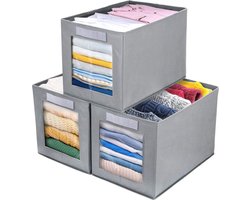Stoffen opbergdozen met kijkvenster - Set van 3 - Opvouwbaar - Kledingorganizer - Lichtgrijs