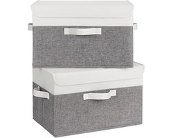 Stoffen Opbergdozen Set van 2 - Grote Opbergboxen met DekseI - Opvouwbare Opbergbakken voor Kleding, Speelgoed en Meer - Wit en Grijs- Kastorganizer