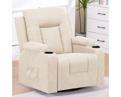 Stoffen Relaxstoel voor de Woonkamer met Handmatig Verstelbare Rugleuning, Uitschuifbare Voetensteun, 360° Draaibare Basis, Bekerhouders, Zijvakken en Ergonomisch Ontwerp, Beige