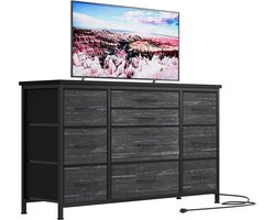 Stoffen tv-meubel met 3-voudige stopcontacten-Slaapkamerkast met lades-metalen frame-houten blad- kast met 10 lades- voor slaapkamer- woonkamer- zwart