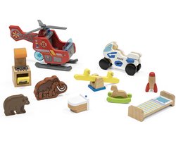 Stokke MuTable-speelgoed voor speelhuis van Hape Toys - Herontworpen in 2023 - Tien kleurrijke, houten speelgoed meubels, -dieren en een helikopter - voor kinderen vanaf 3 jaar