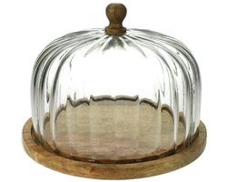 Stolp met houten voet en geschulpt glas Ø30,5x22,5cm