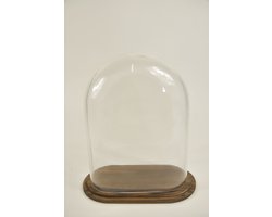 Stolp ovaal-L- helder glas -24x12,5x30cm-bruin houten plateau