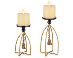 Stompkaarsenhouder Boho decoratie - set van 2 vintage parels kandelaars decoratief zwart goud metaal boerderij rustiek tafelopzetstuk woonkamer schoorsteenmantel rek home deocoration