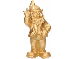 Stoobz design Tuinkabouter met middelvinger - Polystone - 30 cm - goud - buiten decoratie