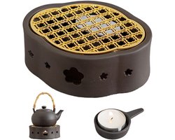 Stoofje voor keramische theepot - warmhouder voor thee en koffie - retro theelichthouder - geschikt voor keramische theepot - grijs - met dienblad en kaarsenstandaard