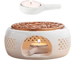 Stoofje voor theepot met porseleinen theewarmer en kookmat - Hol gesneden design - Wit - Koffie- en theeaccessoire voor warmtebehoud
