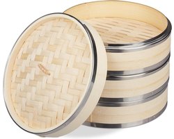 Stoommandje bamboe - 24 cm - 3 etages - metalen randen - Aziatische stomer - rijst vis - natuur