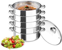 Stoompan - 5-Laags Stoompan van Roestvrij Staal - 30 cm Diameter - met Transparant Deksel en Handvat - voor Overlappend Koken
