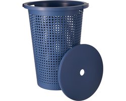 Storage Solutions Wasmand met deksel - blauw - 35 liter - 40 x 52 cm - kunststof - rond - wasbox - mand voor wasgoed
