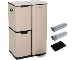 Stowe Trio Bin - Taupe - Prullenbak 60 Liter - 3 Vakken - Vuilniszakken en Geurfilter - Metaal - Afvalemmer - Pedaalemmer