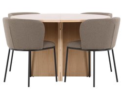 Strada eethoek uittrekbare tafel Ø120cm, 170cm en 4 stoelen whitewash, bruin.