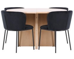 Strada eethoek uittrekbare tafel Ø120cm, 170cm en 4 stoelen whitewash, zwart.