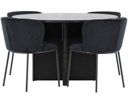 Strada eethoek uittrekbare tafel Ø120cm, 170cm en 4 stoelen zwart.
