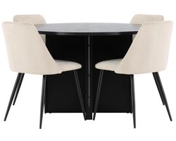 Strada eethoek uittrekbare tafel Ø120cm, 170cm en 4 stoelen zwart, beige.