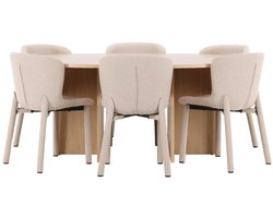 Strada eethoek uittrekbare tafel Ø120cm, 170cm en 6 stoelen whitewash, beige.
