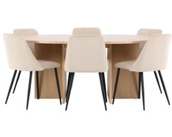 Strada eethoek uittrekbare tafel Ø120cm, 170cm en 6 stoelen whitewash, beige.