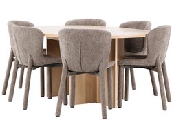 Strada eethoek uittrekbare tafel Ø120cm, 170cm en 6 stoelen whitewash, bruin.