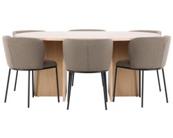 Strada eethoek uittrekbare tafel Ø120cm, 170cm en 6 stoelen whitewash, bruin.