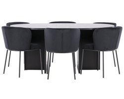 Strada eethoek uittrekbare tafel Ø120cm, 170cm en 6 stoelen zwart.