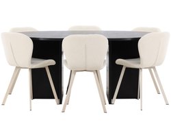 Strada eethoek uittrekbare tafel Ø120cm, 170cm en 6 stoelen zwart, beige.
