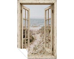 Strand door raam - Doorkijk - Natuur - Buiten posters - Schutting decoratie - Balkon tuindoek - Tuinaccessoires - Tuinposter 100x150 cm