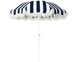 Strand parasol Jakarta - D180 cm - blauw/wit - strepen - inklapbaar - zomer - met franjes
