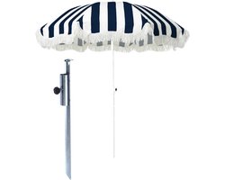 Strand / tuin / camping parasol - met metalen grondharing - blauw/wit - D180 cm - verstelbaar - UV straling bestendig