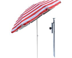 Strand / tuin / camping parasol - met metalen grondharing - rood/wit - D180 cm - verstelbaar - UV straling bestendig