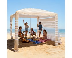 Strandcabana - Strandtent en Strandluifel - Afmeting 2,4 x 2,4 m - UPF 50+ Zonbescherming - Zijwanden - Verstelbare Hoogte - Draagbaar met Zandzakken