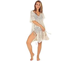 Strandjurk - Oeko-Tex Gecertificeerd - Bikini Cover UP of Strandponcho, Zomerjurk ideaal als Strand Kimono, Tuniek of Badpak (S-M, Beige-Crème)