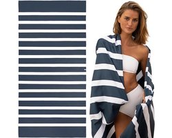 Strandlaken – strandlaken - Absorberend badlaken – Reiszwemhanddoek – Duurzaam blauw-wit gestreept strandlaken – 180 × 90 cm – Donkerblauw