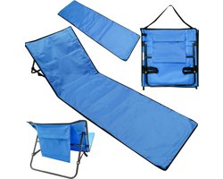 Strandmat met Rugleuning en Opbergvak Ligbed - Strandstoel - Opvouwbaar - Inklapbaar - Draagbaar - Tas - Blauw