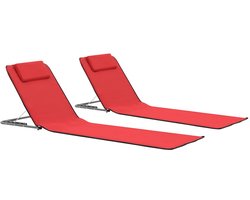 Strandmat met Rugleuning - Set van 2 - Opvouwbaar & Verstelbaar - Rood - Strandstoel Lichtgewicht voor Strand, Camping & Tuin - Weerbestendig - 160 x 53 cm