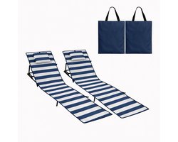 Strandmat - Set van 2 opvouwbare ligmatten met verstelbare rugleuning, draagriem en opbergvak - Ideaal voor strand, camping of tuin - Blauw-wit gestreept - 158x55cm
