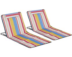 Strandmat, set van 2 opvouwbare strandligstoelen met kussens, 5-voudig in hoogte verstelbaar strandmatras met draagtas, staal, veelkleurig, 134 x 48 x 33-43 cm
