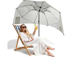 Strandparasol 210 cm met UV50+ bescherming, verstelbaar en kantelbaar, voorzien van spiraalgrondpen en draagtas, waterafstotende tuinparasol geschikt voor strand, balkon en tuin, beige uitvoering