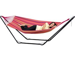 Strandset complete set metalen frame + Tonga Vulcano staafhangmat 200 cm x 100 cm tot 120 kg kleurrijk gestreept met zonnedak - Ultieme ontspanning voor thuis!