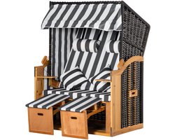 Strandstoel - 2-Persoons Klapstoel - Met Voetensteun En Tafels - Voor Tuin En Terras - Natuur/Grijs/Wit