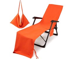 Strandstoel Hoes met Opbergvakken – Microvezel Strandhanddoek voor Ligstoelen – 210x75 cm – Sneldrogende Stoelhoes in Effen Oranje – Tuin, Zwembad, Vakantie, Zomer en Outdoor Gebruik