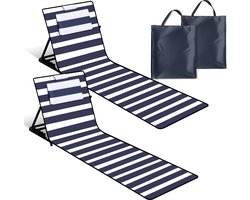 Strandstoel strandmat Strandligbed Strandmat met verstelbare rugleuning - Met hoofdkussen Blauw wit 2x 158cm
