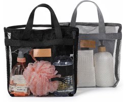 Strandtas - 2 Stuks - Grote nettas - Reistas - Handtas - Opvouwbare opbergtas - Make-up tasje - 30 x 9 x 27 cm - Polyester - Draagbare douchetas - Snel drogende hangende toilettas - Voor studentenhuis sportschool badkamer kamp reizen - Zwart, grijs
