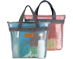 Strandtas - 2 Stuks - Grote nettas - Reistas - Handtas - Opvouwbare opbergtas - Make-up tasje - 30 x 9 x 27 cm - Polyester - Draagbare douchetas - Snel drogende hangende toilettas - Voor studentenhuis sportschool badkamer kamp reizen - Blauw, roze