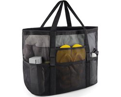 Strandtas - Grote strandtas - Strandtas van mesh - Tas voor zwemspullen - Ideaal voor stranduitjes met het gezin, vakanties en reizen - Zwart