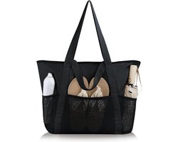 Strandtas voor dames - Strandtas met grote capaciteit - Strandtas voor het hele gezin - Opvouwbaar - Meerdere compartimenten - Waterdichte netbadtas - Cadeau voor dames - Modieuze en veelzijdige tas voor strand, zwemmen en vakantie - XXL zwart