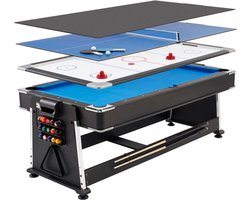 Strength - 7ft - 4in1 Multi Game Tafel - Biljarttafel - Airhockey - Tafeltennis - pooltafel - Zwart - blauw